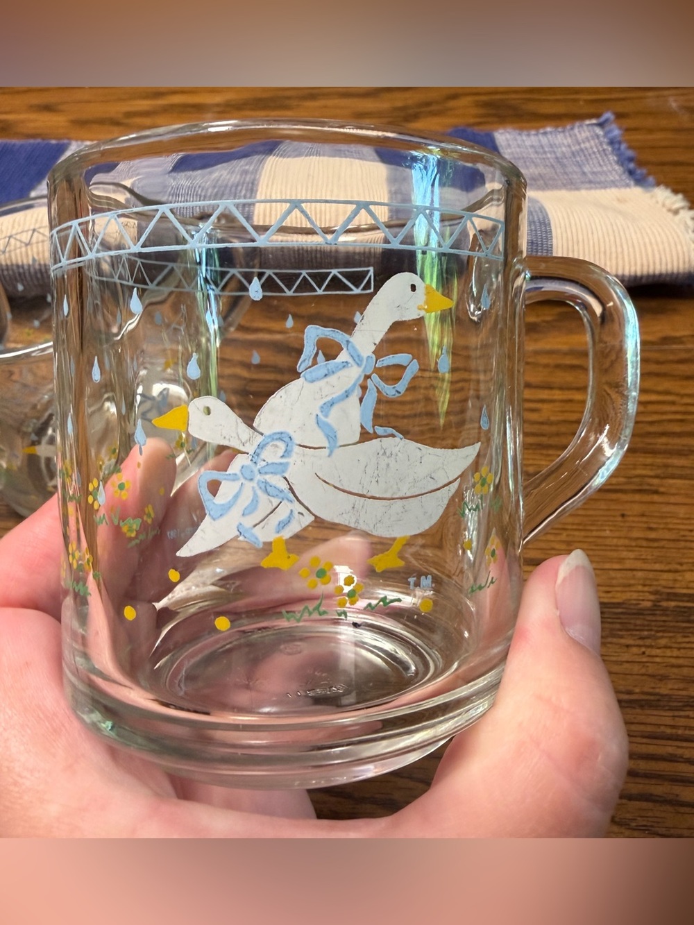 Anchor Hocking Clear Glass Mugs with White and Blue Goose Design- Set of 4